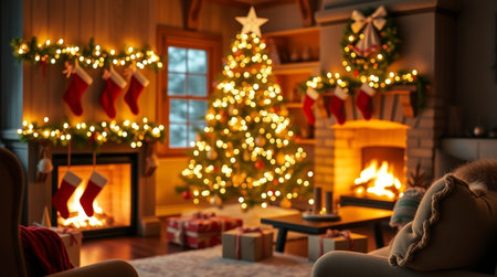 Beautiful Christmas tree with presents and fireplace in room, closeupの写真素材