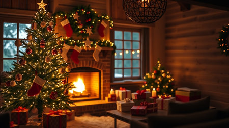 Christmas tree with presents and fireplace in living room at home. Winter holiday concept.の写真素材