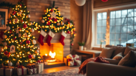 Christmas living room with fireplace and christmas tree. Blurred background.の写真素材