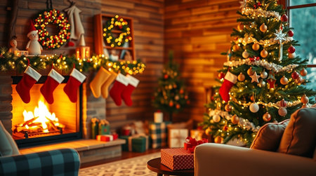 Christmas living room interior with fireplace and decorated fir tree. Christmas holiday concept.の写真素材