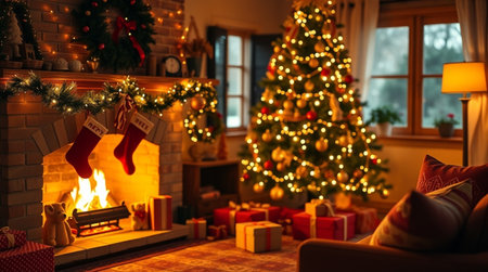 Christmas living room with fireplace and christmas tree, gifts and decorationsの写真素材