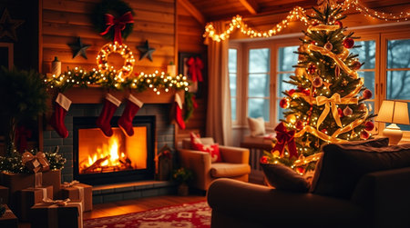 Christmas living room with fireplace and christmas tree in the evening.の写真素材