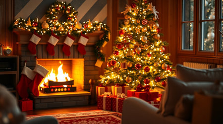 Decorated Christmas tree and fireplace in cozy living room at homeの写真素材