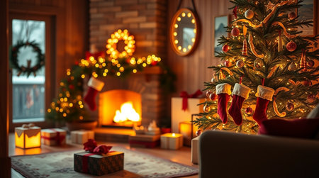 Christmas tree and presents in cozy living room with fireplace on background.の写真素材