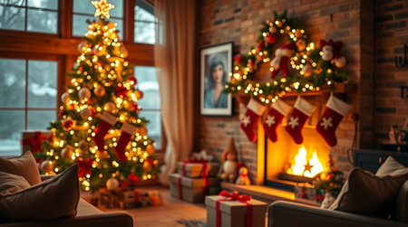 Christmas living room interior with Christmas tree and fireplace. Cozy winter holiday home.の写真素材