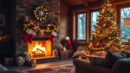 Christmas living room with fireplace and christmas tree. Christmas background.の写真素材