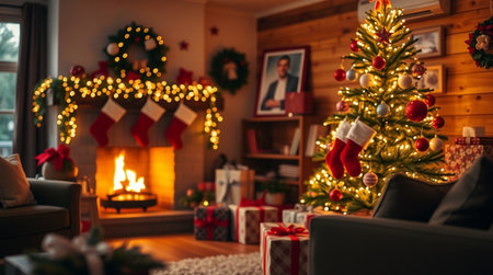 Christmas tree in living room with fireplace and christmas presents on backgroundの写真素材