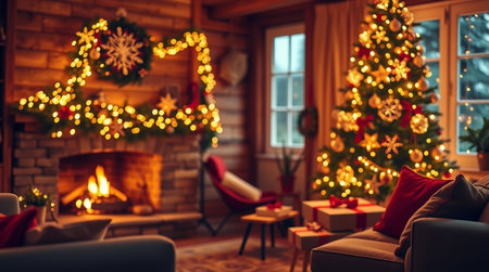 Christmas living room interior with fireplace and christmas tree. Cozy holiday home concept.の写真素材