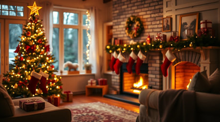 Beautiful Christmas living room interior with fireplace and christmas tree.の写真素材