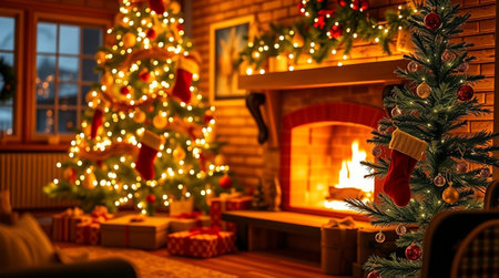 Christmas and New Year holidays background with fireplace, Christmas tree, gifts and decorationsの写真素材