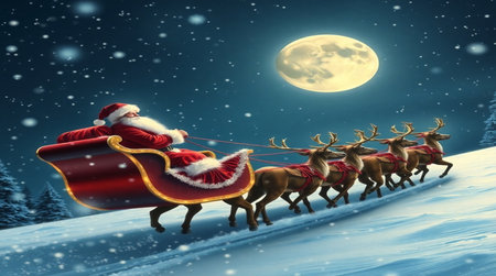 Santa Claus in sleigh pulled by reindeers at night with full moonの写真素材
