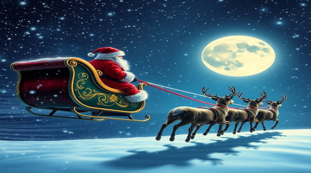 Santa Claus in sleigh pulled by reindeers with full moonの写真素材