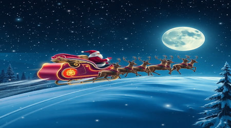 Santa Claus flying in his sleigh with reindeers and full moonの写真素材