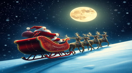Santa Claus in sleigh with reindeers and full moon backgroundの写真素材
