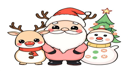 Cute cartoon Santa Claus with reindeer and snowman. Vector illustration.の写真素材