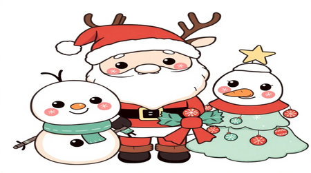 Santa Claus and snowman family with Christmas tree, vector illustration.の写真素材