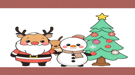 Santa Claus and reindeer with christmas tree and snowmanの写真素材