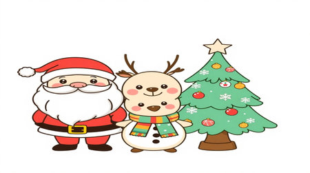 Santa Claus, Reindeer and Snowman with Christmas tree on white backgroundの写真素材