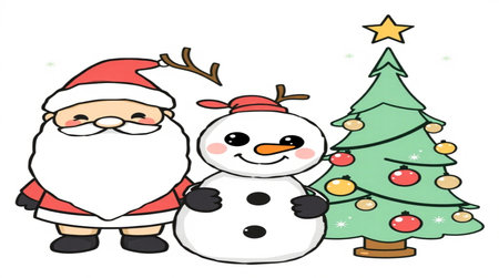 santa claus and snowman with christmas tree on white backgroundの写真素材