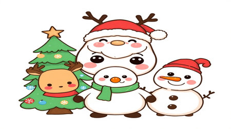 snowman family with christmas tree and snowman on white backgroundの写真素材