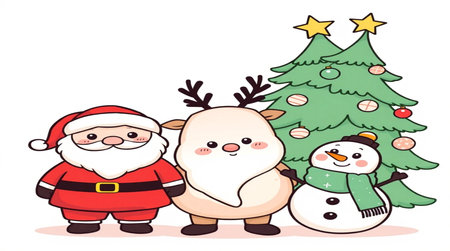 Santa Claus, Reindeer, Snowman and Snowman Christmas Charactersの写真素材