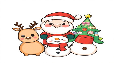 santa claus with reindeer and snowman on white backgroundの写真素材