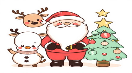 Santa Claus with reindeer and snowman. Vector illustration.の写真素材