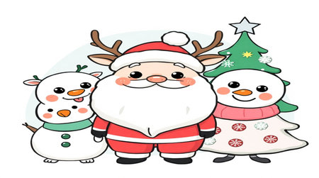 Santa Claus and Snowman with Christmas tree and snowman. Vector illustration.の写真素材