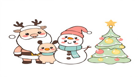 snowman and reindeer with christmas tree on white backgroundの写真素材