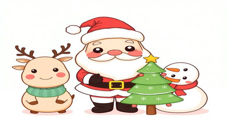 Santa Claus with reindeer and snowman. Vector illustration.の写真素材