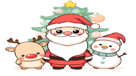 Santa Claus with snowman, reindeer and christmas treeの写真素材