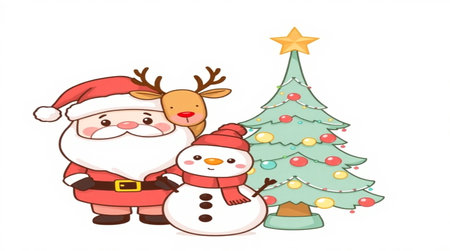 Santa Claus and Reindeer with Snowman and Christmas tree on white backgroundの写真素材