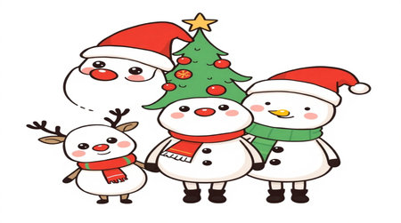 Snowman family with Christmas tree on white background. Vector illustration.の写真素材
