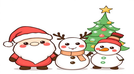 Santa Claus, Snowman and Christmas tree on a white background.の写真素材