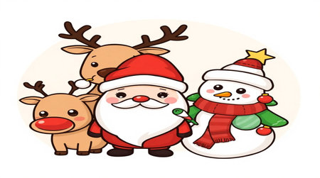 Christmas and New Year vector illustration. Santa Claus, snowman, reindeerの写真素材