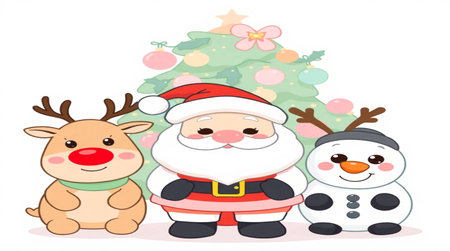 Merry Christmas and Happy New Year. Santa Claus, snowman and reindeer. Vector illustrationの写真素材