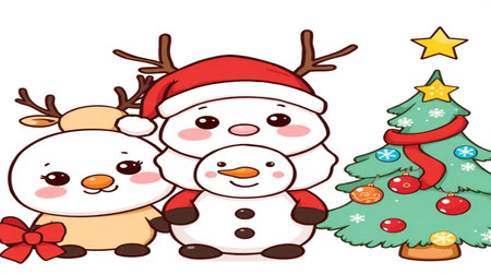 Christmas Cute Reindeer and Snowman Vector Cartoon Illustrationの写真素材