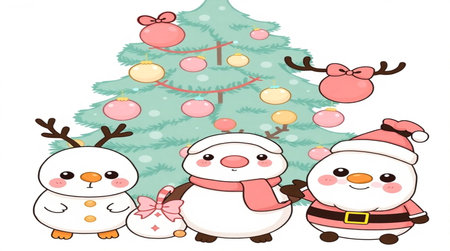 Christmas tree with snowman and reindeer. Vector illustration.の写真素材