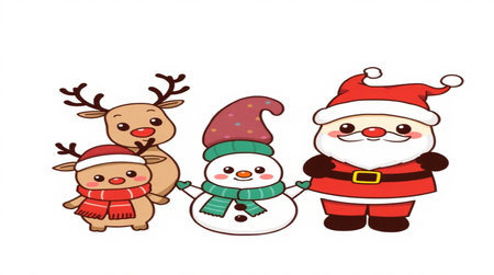 santa claus, snowman and reindeer on white backgroundの写真素材