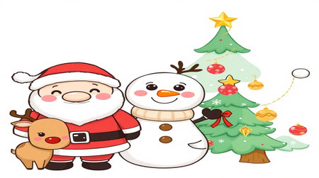 santa claus and snowman with christmas tree on white backgroundの写真素材