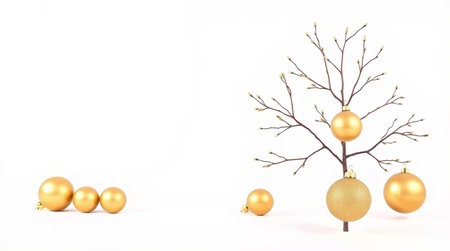 golden christmas balls and tree on white background, 3d renderの写真素材