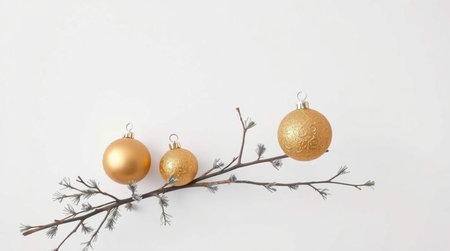 Christmas tree branch with golden balls on white background. Flat lay, top view.