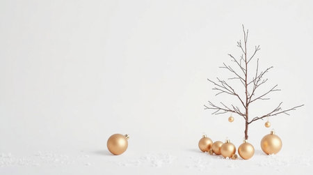Christmas tree with golden baubles and snow on white background.の写真素材