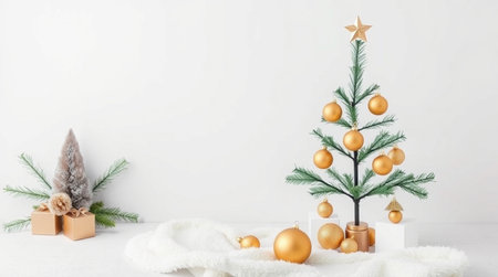 Christmas tree and gift boxes on white background. Christmas and New Year concept.の写真素材