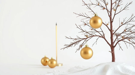 Christmas tree with golden baubles and candle on a white background