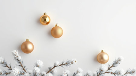 Christmas composition. Christmas tree branches, golden balls on white background. Flat lay, top view, copy spaceの写真素材