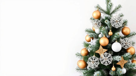 Christmas tree with golden ornaments on white background. Copy space.の写真素材