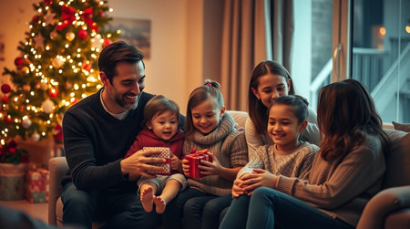happy family with christmas gift box at home in the living roomの写真素材