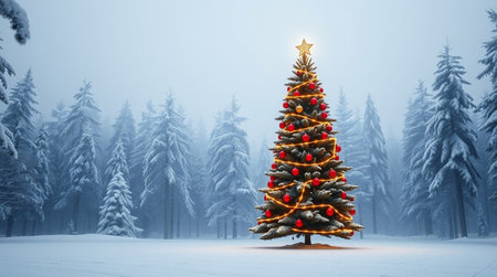 Christmas tree in a snowy forest. 3D rendering. Computer digital drawing.の写真素材