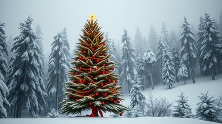 Fantastic Christmas tree in snowy forest. 3D Renderingの写真素材